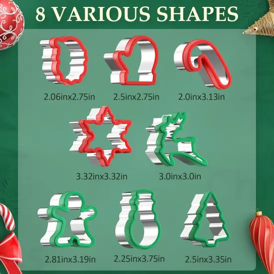 Christmas Cookie Cutters Set 8 Pieces, Stainless Steel Xmas Shapes Silver {7}