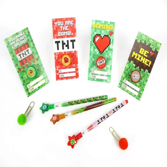 Tiny Mills 36 PACK Pixel Miner Cards with Pixel Miner Stampers for Valentine's Day Classroom Exchange Party Favor Prizes {5}