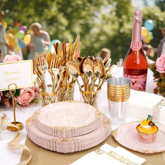 700PCS Pink and Gold Plastic Dinnerware Set &ndash; Disposable Plates, Silverware, Cups & Napkins for Wedding, Party & Events {4}
