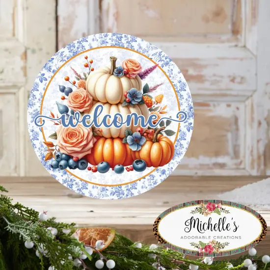Welcome Fall Triple Pumpkins Round Sign {5}