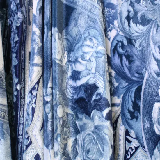 1 Yard Blue Renaissance Print Stretch Velvet Fabric for Dancewear Leggings Costumes Streetwear (36" x 60") Inches Wide {5}