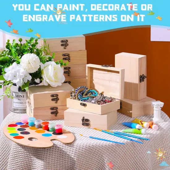 Unfinished Wooden Box with Hinged Lid Wood Small Craft Unpainted Jewelry Keepsake Rectangle Treasure Gift Storage Box {4}