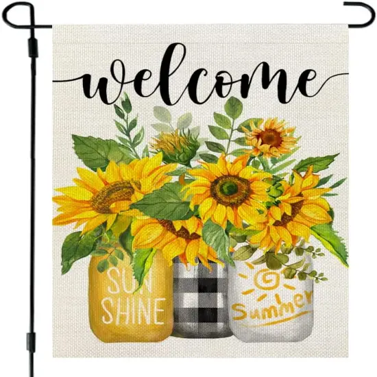 Summer Sunflower Garden Flag Mason Jar Double Sided 12x18 Inches Small Burlap Seasonal Welcome Yard Porch Decoration for Outside {1}