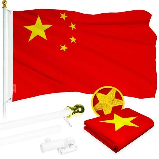 G128 - 6 Feet Tangle Free Spinning Flagpole (White) China Flag Brass Grommets Embroidered 3x5 ft (Flag Included) Aluminum Flag Pole {1}