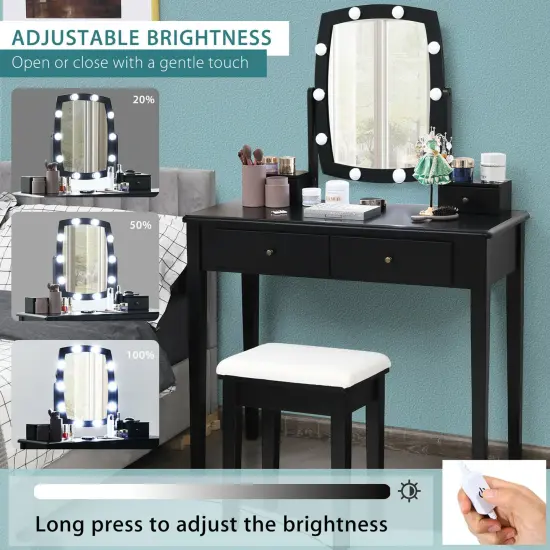 Costway Vanity Table Set with Lighted Mirror Adjustable 10 Bulbs Dresser 4 Drawer {8}