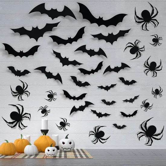68pcs Halloween Bats & Spiders Wall Decor &ndash; 3D Black Plastic Stickers for Indoor/Outdoor Party Decorations {1}