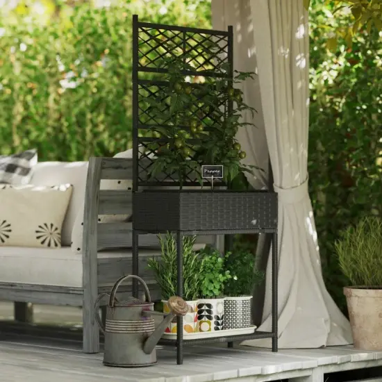 Outdoor Wicker Planter Box with Trellis & Shelf Black {6}