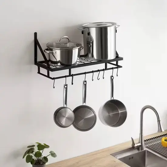 Wall Mounted Matte Black Steel Pot Rack with Ten Hanging Hooks {4}