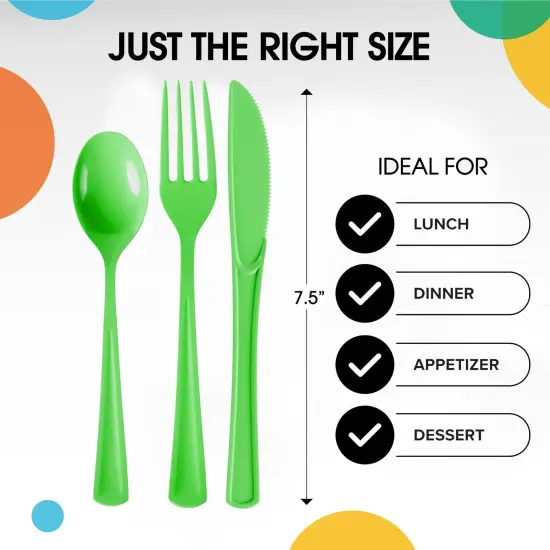 Exquisite Polished Plastic Silverware &ndash; 150 Pcs Heavy Duty Cutlery Set &ndash; 50 Each of Forks, Knives & Spoons &ndash; Disposable Utensil Set for Parties, Events & Catering &ndash; Flatware Set by Party Solids Lime {3}