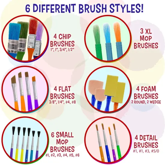 U.S. Art Supply 25-Piece Children's All Purpose Paint Brush Set - 6 Types, Flat, Round, Chip, Mop, Foam Tipped Brushes - Kid's Party, Student Painting {4}