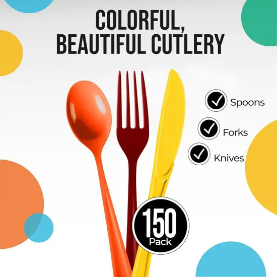 Exquisite Polished Plastic Silverware &ndash; 150 Pcs Heavy Duty Cutlery Set &ndash; 50 Each of Forks, Knives & Spoons &ndash; Disposable Utensil Set for Parties, Events & Catering &ndash; Flatware Set by Party Solids Thanksgiving {3}