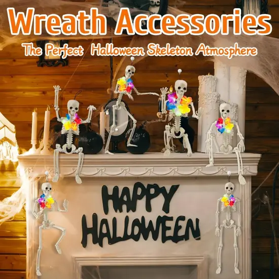 2 Pack Skeleton Decor With Wreathes, 16" Posable Plastic Mini Skeletons {5}