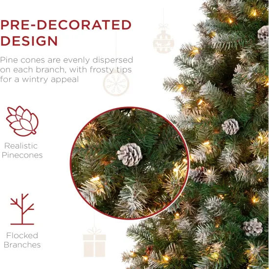 Pre Lit Pre Decorated Pine Artificial Christmas Tree Frosted 1,000 Tips with Pine Cones, 250 Lights & for Indoor Holiday Decor {3}