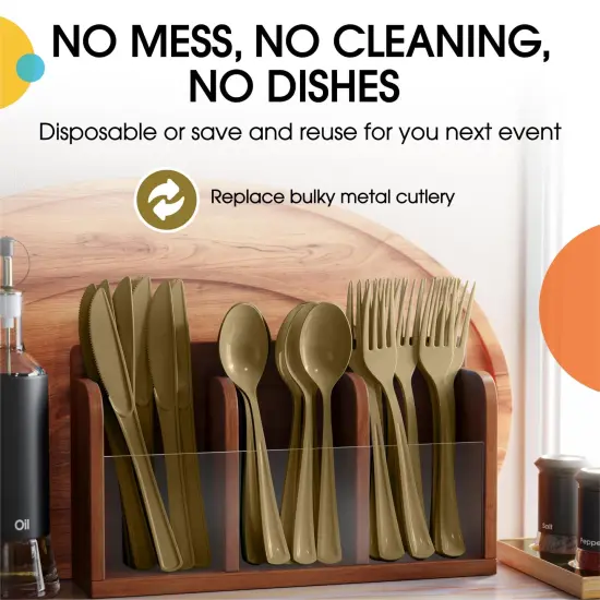 Exquisite Polished Plastic Silverware &ndash; 150 Pcs Heavy Duty Cutlery Set &ndash; 50 Each of Forks, Knives & Spoons &ndash; Disposable Utensil Set for Parties, Events & Catering &ndash; Flatware Set by Party Solids Gold {5}