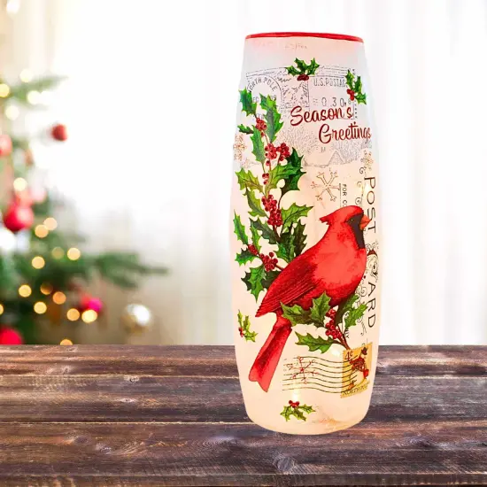 Stony Creek 11.75 In Vintage Postcard Large Vase Christmas Lighted Glass Accent , Christmas Decor Electric Pre-Lit Christmas CARDINAL {4}