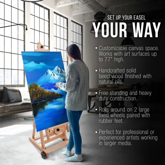Master Multi-Function Studio Artist Wooden Floor Easel - Large Heavy Duty Adjustable H-Frame, Tilts Flat, Mast Adjusts to 97" High - Beechwood Painting Canvas Holder Stand with Wheels {4}