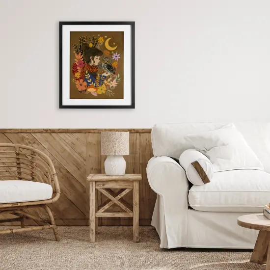 Autumn Owl & Girl Framed Print Under Glass Art Black {2}