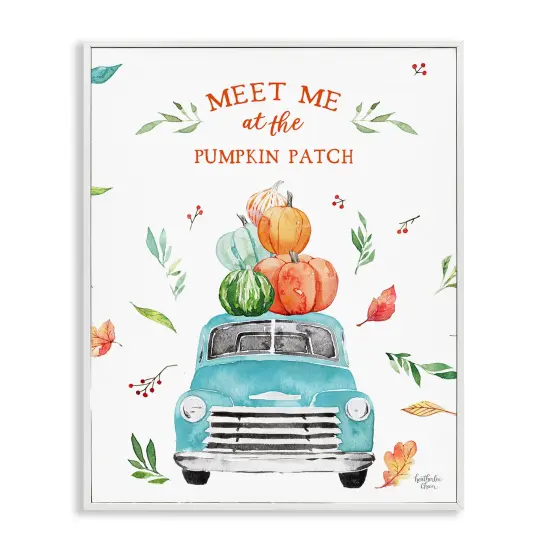Pumpkin Patch Seasonal Leaves Botanicals Blue TruckFramed Giclee Art White {1}