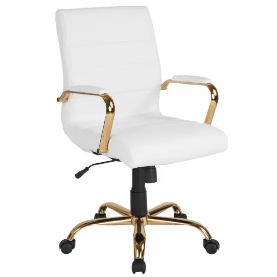 Merrick Lane Milano Contemporary Mid-Back Home Office Chair with Padded Arms WhiteFxLea/GoldFrame {2}