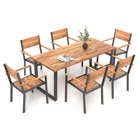 Costway 7 PCS Acacia Wood Patio Dining Set 6 Armchairs and 69" Table with 2" Umbrella Hole {2}