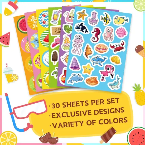 500 PCS Summer Stickers for Kids, 30 Sheets Beach Ocean Tropical Stickers Bulks, Ice Cream Sea Animal Holiday Hawaiian Sticker Crafts {3}