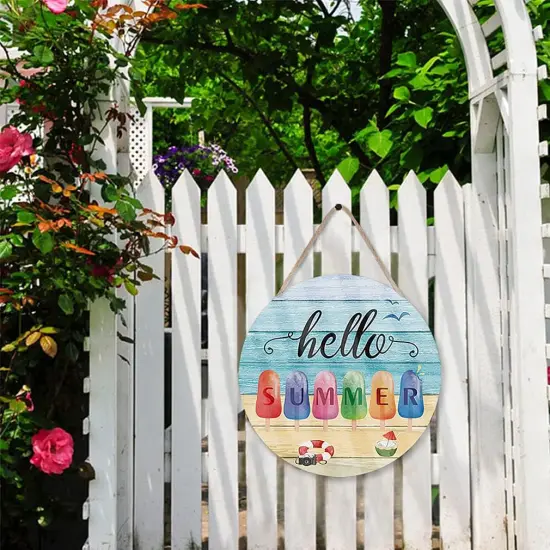 Hello Summer Front Door Sign Hanger(12"x12"), Summer Themed Wooden Door Decoration Hanging with Beach Popsicle Ice Cream, Round Welcome Summer Sign Decoration for Home Front Door Outdoor {3}
