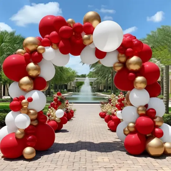 Red White Gold Balloon Arch Double Stuffed Ruby Red White Metallic Gold Balloon Garland Kit {1}