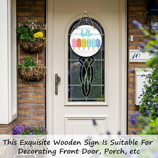 Summer Welcome Sign for Front Door, Hello Summer Wooden Signs Wall Decor, Popsicle Round Hanging Sign With Rope, Summer Decor For Home Front Door Porch, A10 {4}