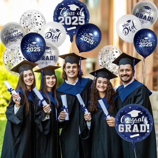 Navy Blue and Silver Graduation Balloons Graduation Decorations 2025, 51Pcs Grad Latex Balloons and Grad Foil Balloon with Confetti Ribbons Grad Party Decorations for College High School {2}
