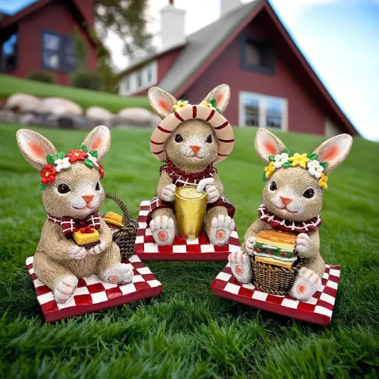 Joyful Picnic Gathering Bunny Trio Set of Three Figurines, Spring Rabbit Statue 4.5" Decor {1}