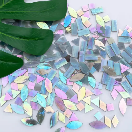 LITMIND Iridescent Ash Gray Stained Glass Mosaic Tiles for Crafts - 240 Pieces, 5 Shapes Mixed (Rectangle, Triangle, Rhombus, Square, Leaf) - Ideal for Mosaic Making Projects and Beginners {5}