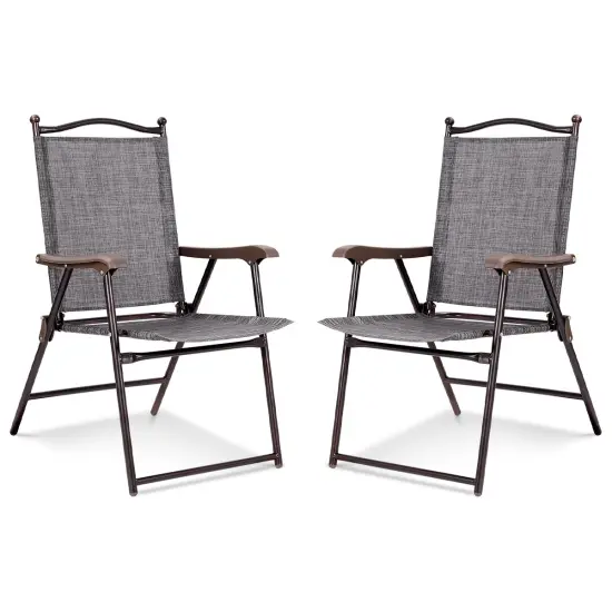 Set of 2 Patio Folding Sling Back Camping Deck Chairs with Steel Tube and Plastic Frame Grey {9}