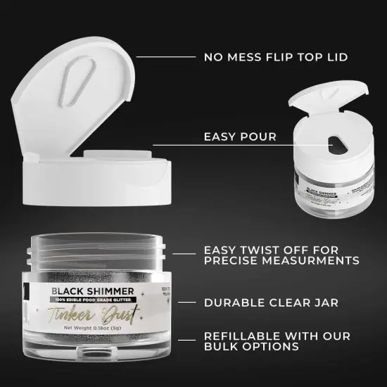 Bakell - Black Tinker Dust Edible Glitter (5g, 1x Jar) for Food, Desserts, and Beverages! {6}