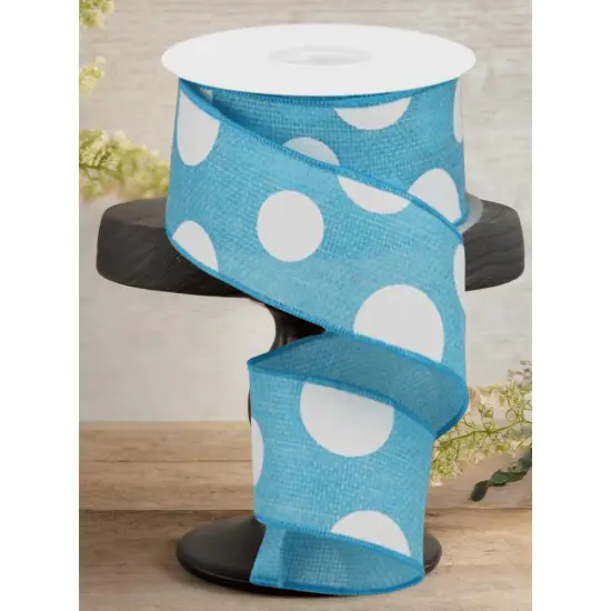 2.5" Faux Burlap Giant Polka Dot Ribbon: Light Blue & White (10 Yards) {2}