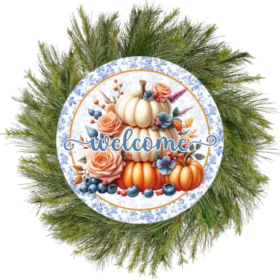 Welcome Fall Triple Pumpkins Round Sign {3}