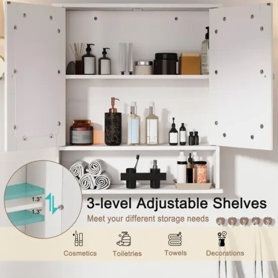 Wall Cabinet with Double Mirror Doors Adjustable Shelf Storage for Bathroom and Bedroom White {4}