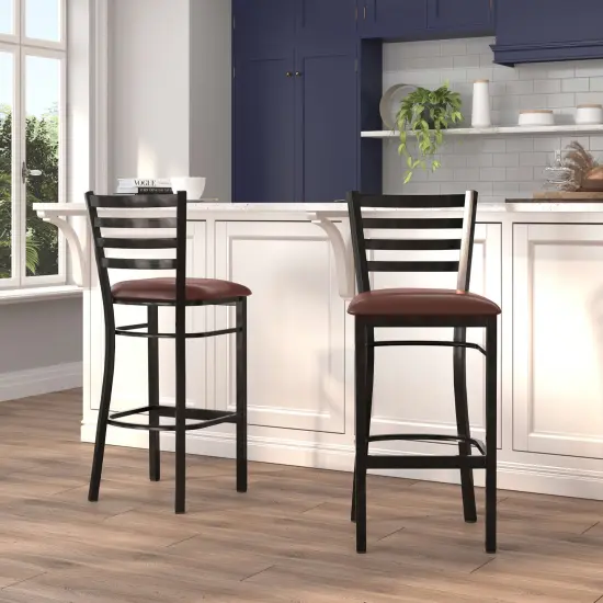 Emma and Oliver 2 Pack Ladder Back Metal Restaurant Barstool BlackVyl/BlackMetal {7}