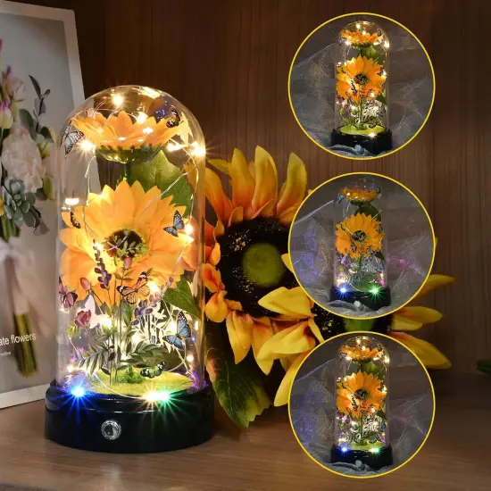 Sunflower Gifts for Women,Yellow Artificial Sunflowers with LED Light in Glass Dome,Cute Sunflower for Christmas,Birthday, Mother's Day, Valentine's Day {3}