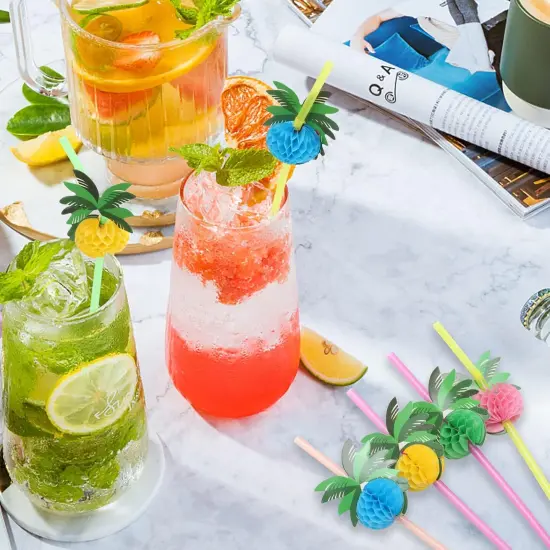 100pcs Coconut Tree Drinking Straws, Disposable Honeycomb Plastic Straws, Tropical Hawaiian Beach Cocktail Pool Luau Party Decorations Supplies {4}