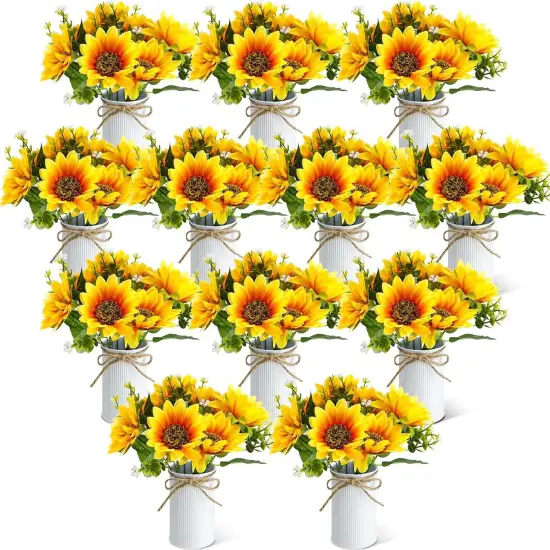 Summer Floral Arrangement - 12 Sets Artificial Sunflowers with Metal Pots, Rustic Faux Flowers for Table Centerpieces and Home Decor {1}