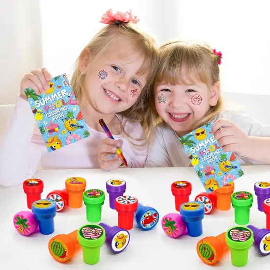 24 PCS Summer Beach Party Stampers，Flamingo Pineapple Pool Party Favors for Kids, Hawaiian Luau Supplies, Classroom Rewards, Carnival Prizes, Goodie Bag Pinata Fillers {4}