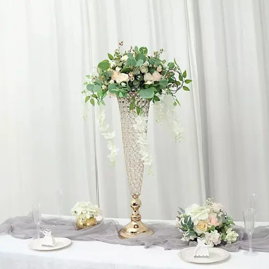 2 Metal 32" Trumpet Vases Acrylic Crystal Beads Table Centerpieces Party Events {2}