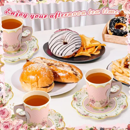 150 Pcs Tea Party Decorations for Tables 9 oz Floral Disposable Paper Tea Cups with Handles Plates Saucers Napkins for Summer Spring Party(Classic Style) {4}