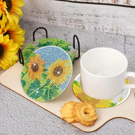 8 Pieces Sunflower Diamond Art Painting Coasters DIY 5D Full Drill Coasters Acrylic Round Cup Coaster with Holder Cork Pads for Spring Summer Party Home Decor DIY Crafts {5}