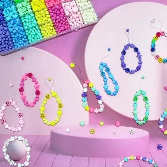 1260 Pieces Acrylic Pastel Beads, Candy Color Flower Beads Happy Face Beads Heart Beads Round Shaped Beads Colorful Assorted Cute Beads Kawaii Beads Bulk for Bracelets Jewelry Making Phone Charm Bead {3}