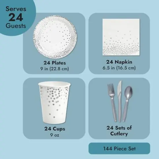 144 Pieces Silver Party Supplies for Wedding, Birthday - Silver Table Decorations with Plates, Napkins, Cups, and Cutlery (Serves 24) {1}