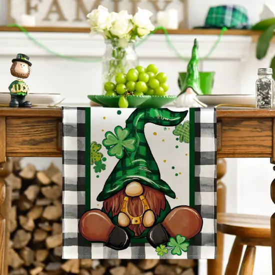 Buffalo Plaid Shamrock Gnome St. Patrick's Day Table Runner, Seasonal Spring Holiday Kitchen Dining Table Decoration for Indoor Outdoor Home Party Decor 13 x 72 Inch {2}