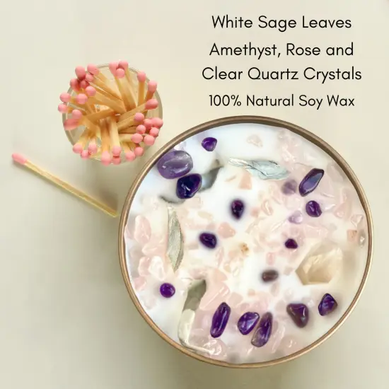 1 Pack White Sage Smudge Candle with Rose Quartz and Amethyst Gemstone Crystals 100% Natural Soy Wax Scented with Essential and Fragrance Oils {2}