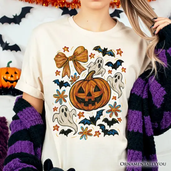 Pumpkin Ghosts Coquette Bow T-Shirt, Retro Fall Spooky Tee for Cute Trick-or-Treaters {5}