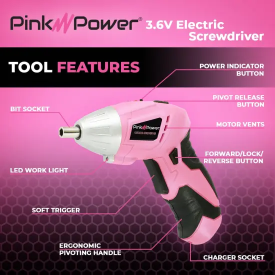 Pink Power Cordless Screwdriver Set - 3.6V Electric Screwdriver Rechargeable Screw Gun Kit - Automatic Mini Pink Drill Set for Women - Portable Small Drill Battery Powered Screwdriver LED Light {3}